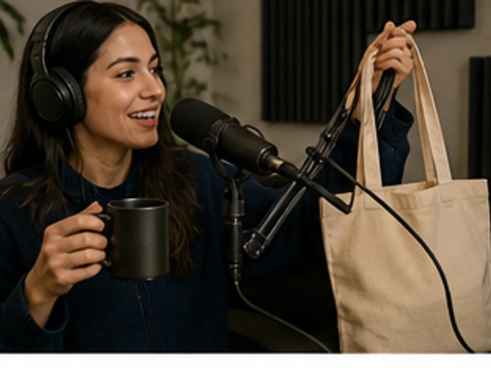 Escena editorial de Crealo para Podcasters, productos personalizados y venta bajo demanda