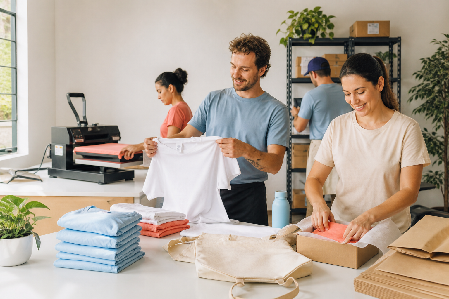 Equipo de taller preparando prendas y packaging para productos personalizados