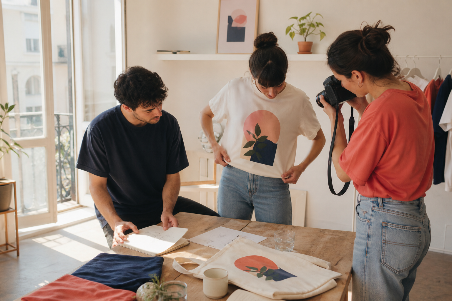 Emprendedores preparando una colección de productos personalizados