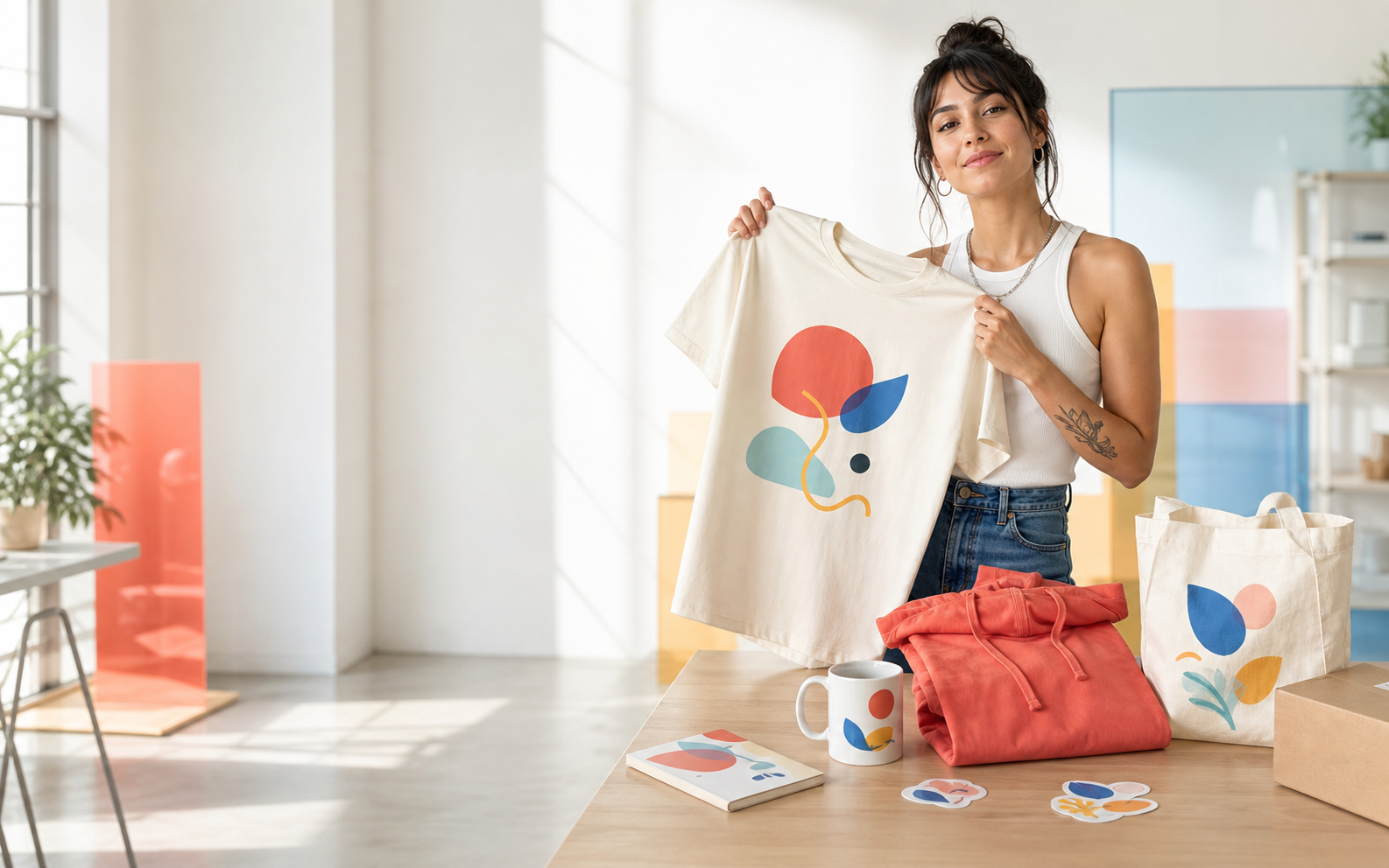 Creadora argentina mostrando una remera y productos personalizados