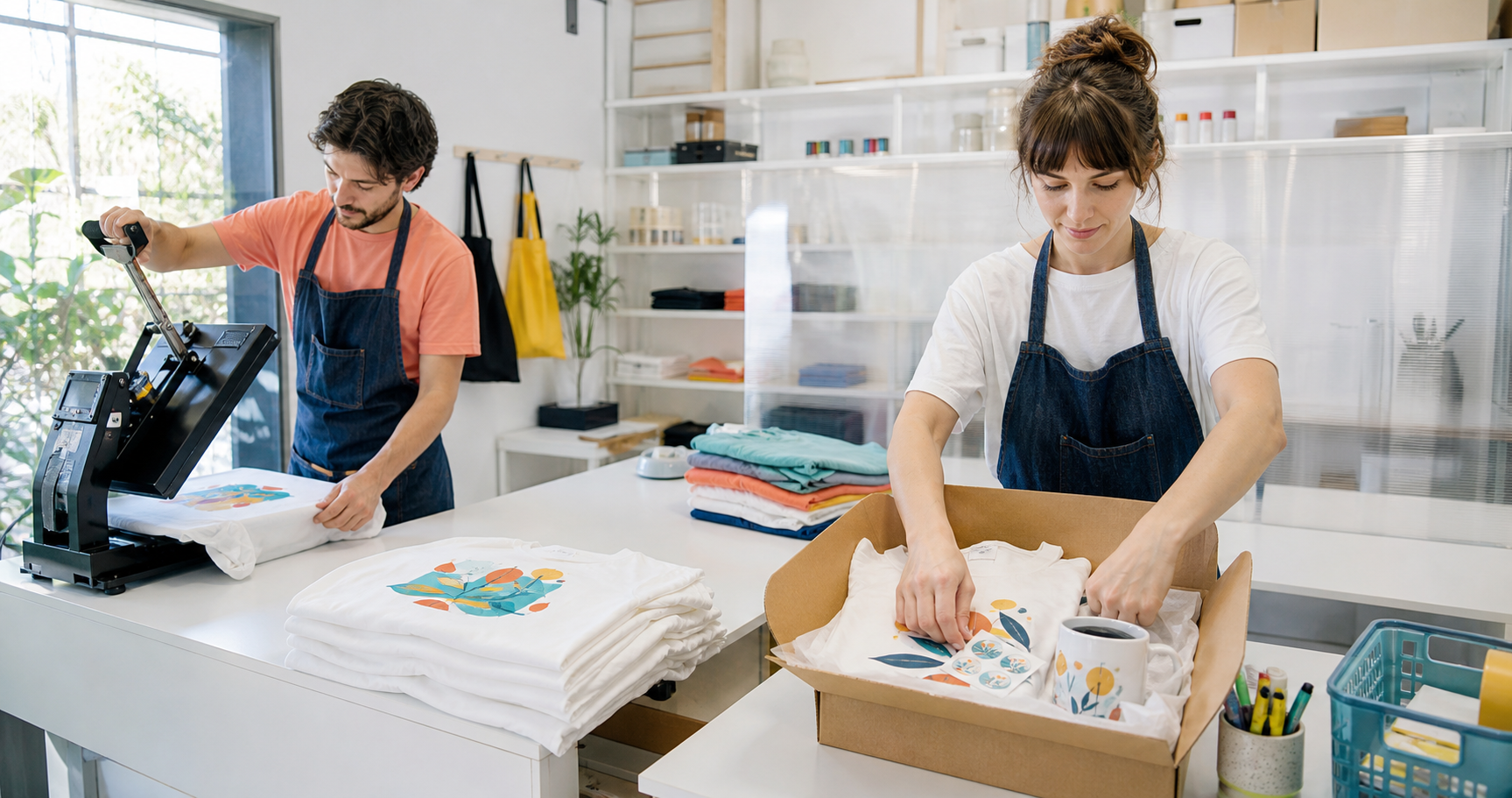 Equipo produciendo y preparando productos personalizados